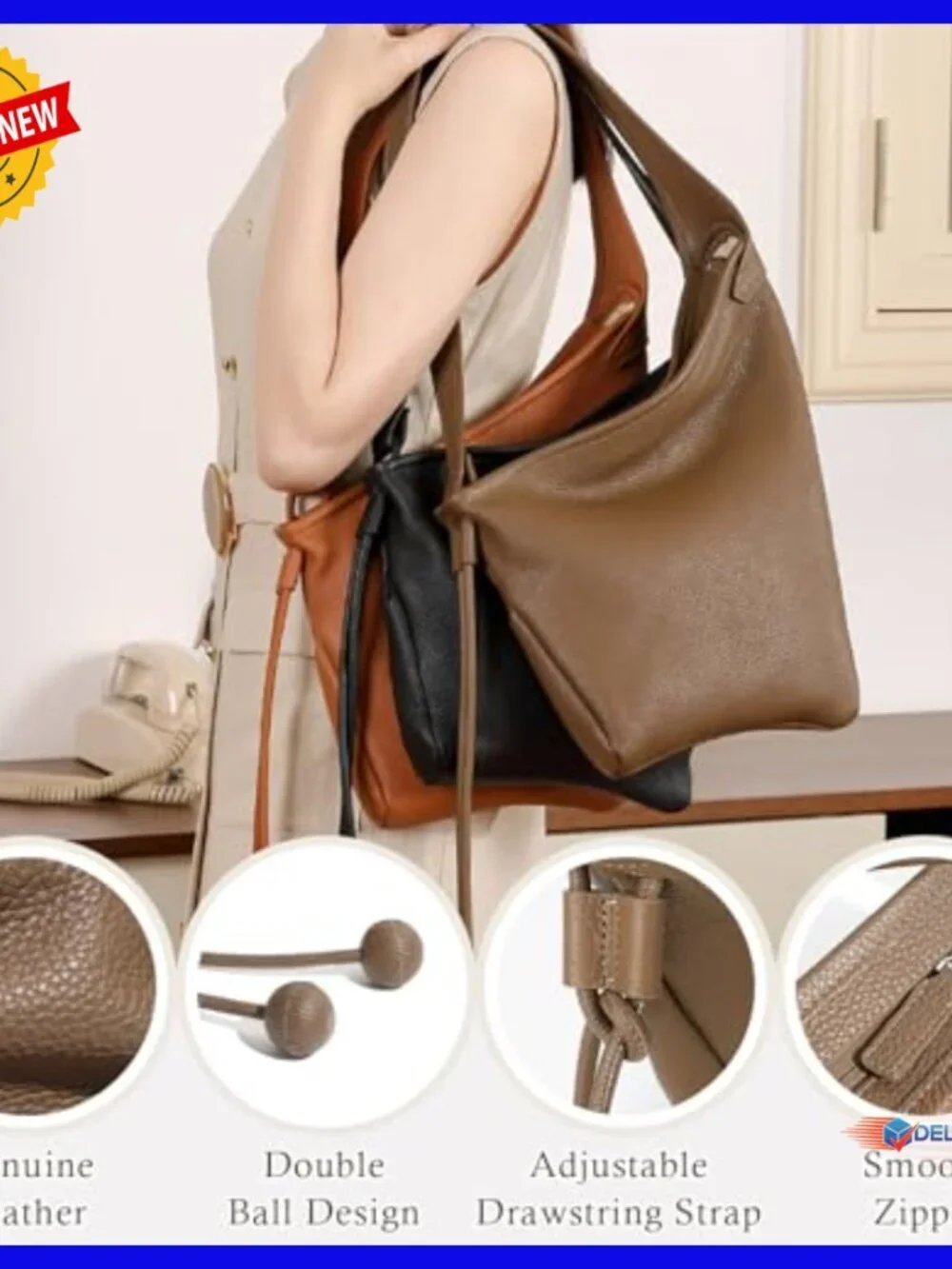 Genuine Leather Hobo Bag Medium Tote Adjustable Strap Slouchy Shoulder Purse